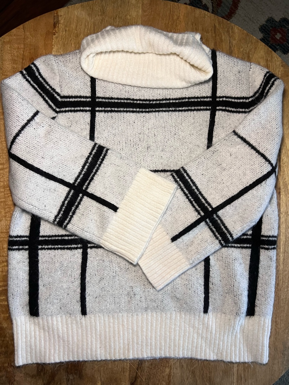 Ann Taylor Size Medium Petite Black and Cream Windowpane Turtleneck Sweater